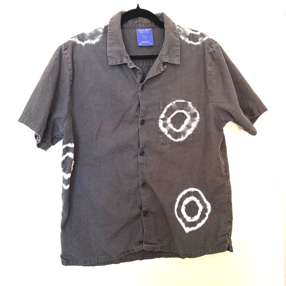 WithoutWalls Mens large black linen white circle button down short sleeve shirt